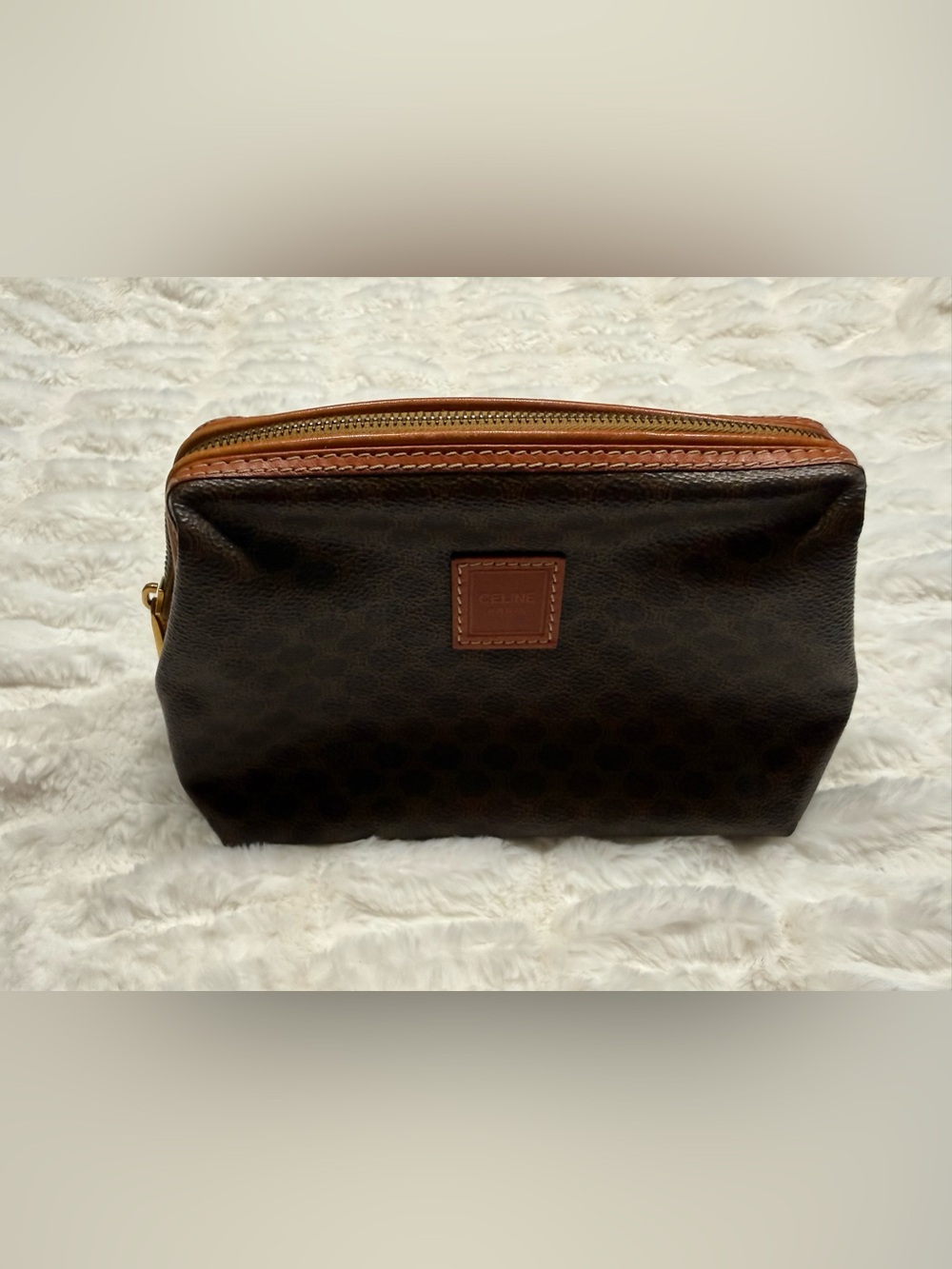 Celine Dark Brown Patterned Canvas Toiletry Pouch with Tan Trim